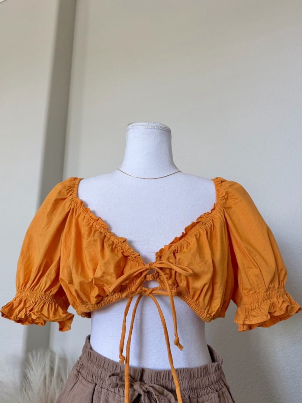 H&M - 100% Cotton - Orange Tie-Front Puff-Sleeve Crop Top | Festival